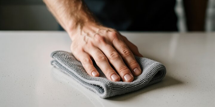 Close up of adult male hand cleaning and wiping white kitchen countertop with grey microfiber cloth