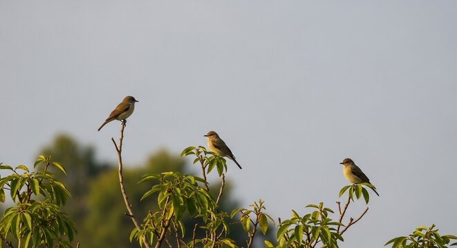 Three birds perched on branches