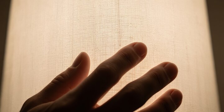 Human hand touching glowing lampshade close up detail, soft warm interior lighting texture concept