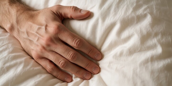 Close up of an adult male hand touching a soft white bed sheet or pillow, representing comfort, relaxation, and peaceful sleep in a cozy bedroom setting