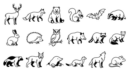 Fototapeta premium Black and White Line Art Wild Animals Set for Nature and Wildlife Education - Simple Outline Icons Collection