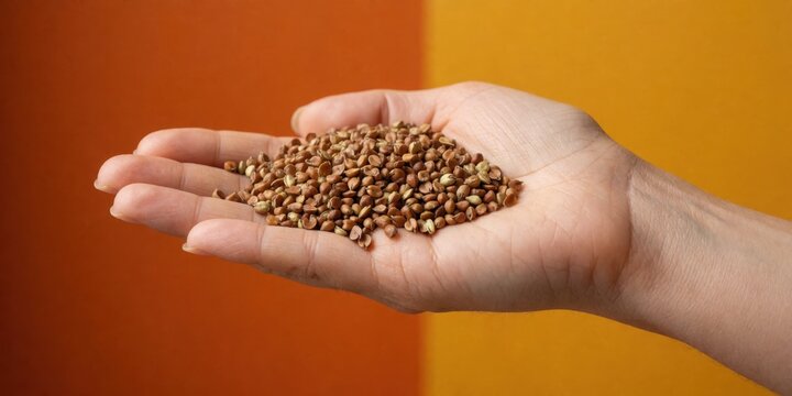 Woman holding raw organic buckwheat groats in hand close up, healthy diet and superfood concept
