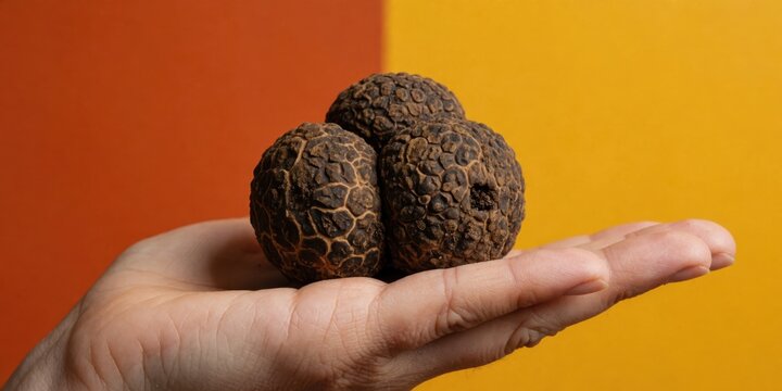 Black truffles held in a hand showcasing gourmet fungi for fine dining culinary concepts and luxury food photography