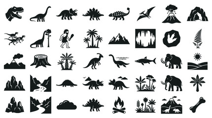 Large set of prehistoric and dinosaur silhouettes featuring T-Rex, Brachiosaurus, Triceratops, Stegosaurus, mammoths, cavemen, volcanoes, mountains, palm trees, and fossils on white. © VectorSuka