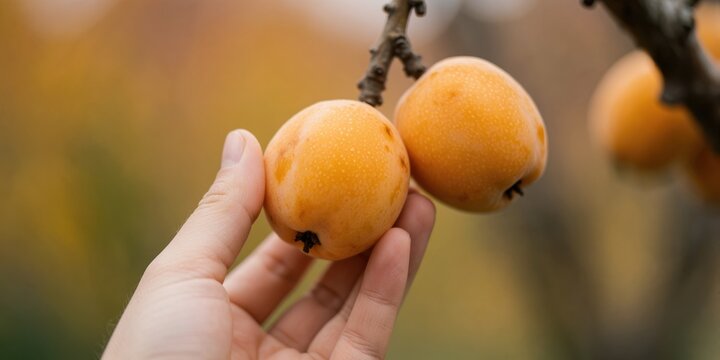 Person gently picking ripe loquat fruit from tree branch in orchard during autumn harvest season representing agriculture and fresh produce