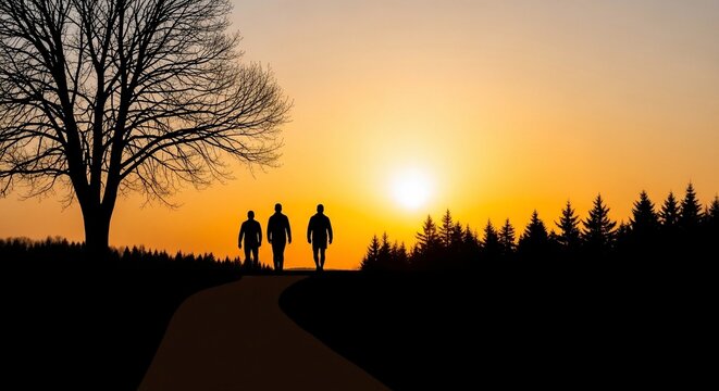 Three figures walking silhouette sunset