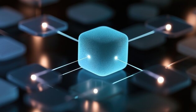Glowing abstract cube connected by light beams to surrounding nodes