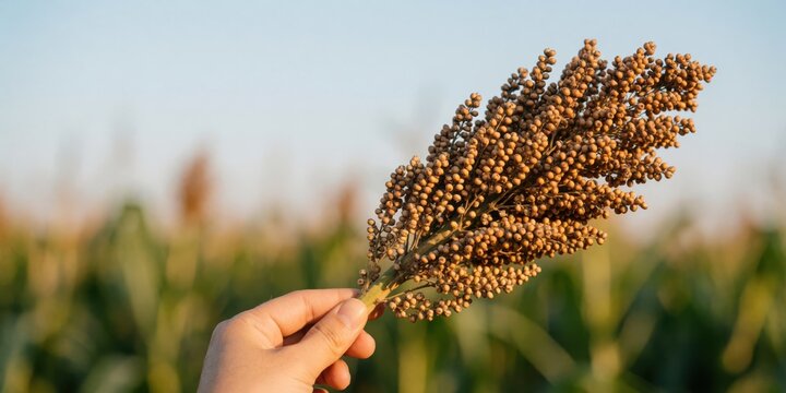 Farmer holding ripe sorghum grain panicle in field for agriculture and harvest concept