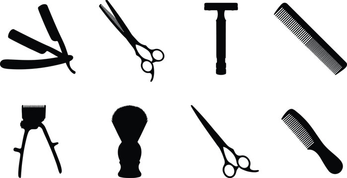 Set of barbershop and haircutting tools black vector icons featuring straight razor scissors clipper and brush