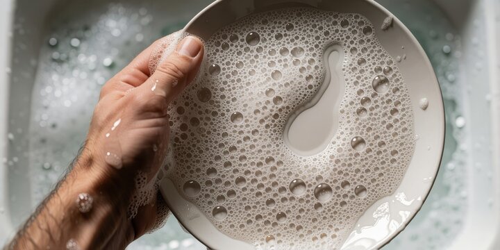 Close up of male hands washing dishes in kitchen sink with soapy water and foam bubbles representing domestic chore and household cleaning concept