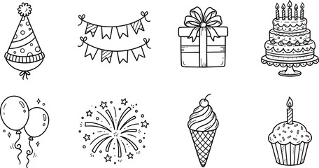Fototapeta premium Birthday party hand drawn outline icon set featuring cake balloons fireworks gift box bunting banners and sweet desserts vector illustration