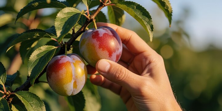 Person picking ripe fresh plums from a tree branch in an orchard during summer harvest, representing sustainable organic agriculture and healthy lifestyle.