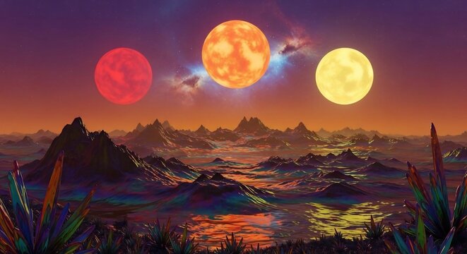 Three suns over alien landscape