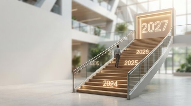 A business man walking up stairs with glowing years 2024 to 2027 representing future success, planning and career growth in a modern office building