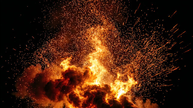 Bright orange sparks flying in dark air from fire explosion