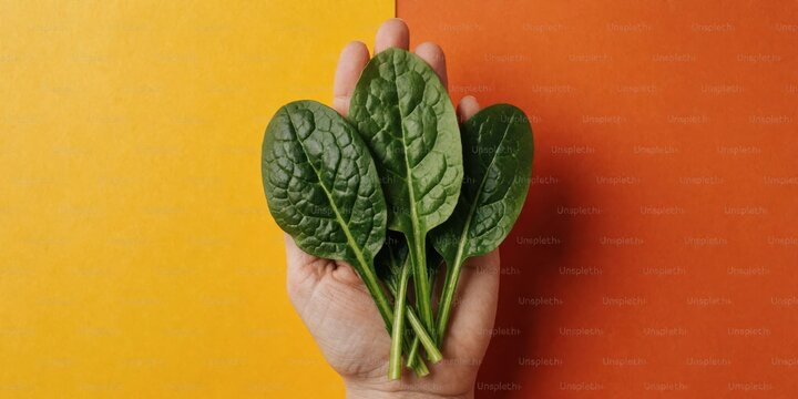 Fresh green spinach leaves held in hand on vibrant orange and yellow background representing healthy food and nutrition