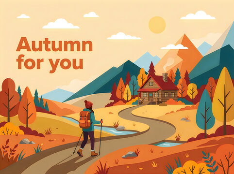 Autumn hiking scene with mountain cabin and trekker
