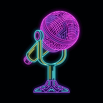 Neon microphone with circuit pattern, retro wave style, isolated on black