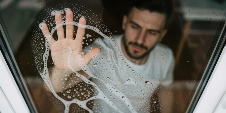 Young adult man washing window at home cleaning glass surface with soapy water and soap suds in domestic interior