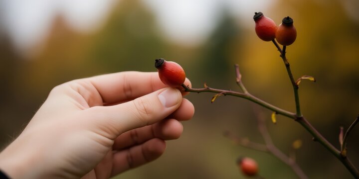 Person picking wild rose hip from a branch in autumn, representing foraging, herbal medicine, and natural harvesting