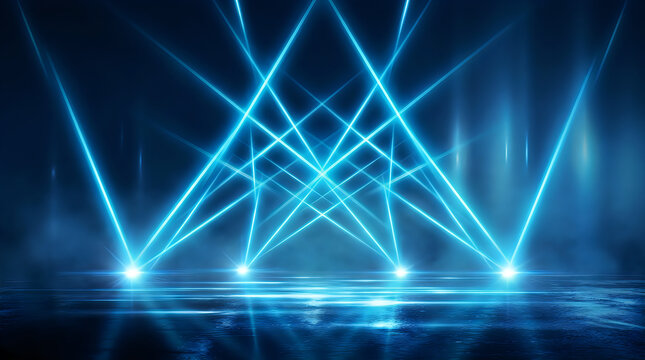 Bright blue light beams shining in dark night with dramatic glow