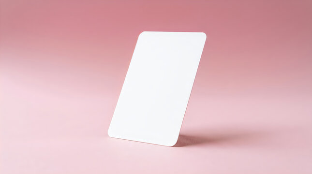 Blank white card leaning against a soft pink background minimalist presentation