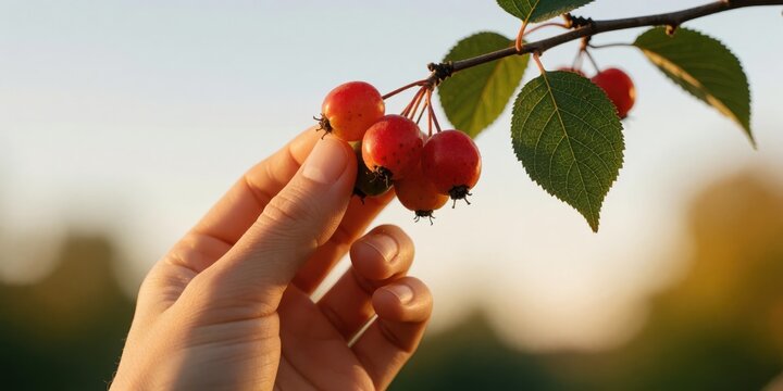 Close up of a human hand picking fresh ripe red crabapples from a tree branch in an orchard during autumn harvest for organic food and seasonal concepts