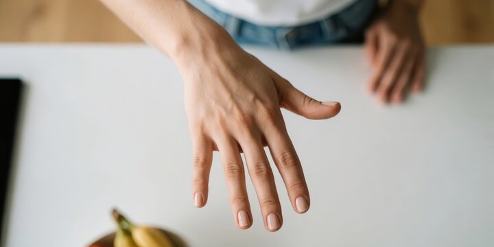 Close-up of a young woman showing her hand with fingers spread out over a white table top, representing body language and gesture concepts