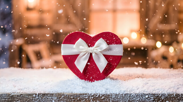 Heart shaped gift box with ribbon on snowy surface winter holiday concept