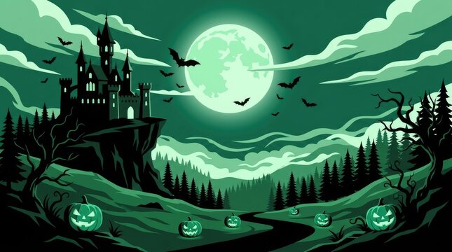 Green halloween landscape with a spooky castle on a cliff, pine forest, glowing jack-o-lanterns, flying bats, and a large full moon in the sky
