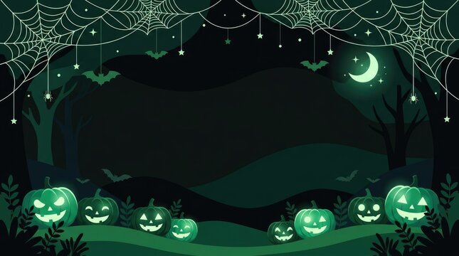 Halloween background, with hanging spider, webs, bats, and, glowing jack-o'-lanterns on, a dark green, landscape for a, spooky festive party invitation