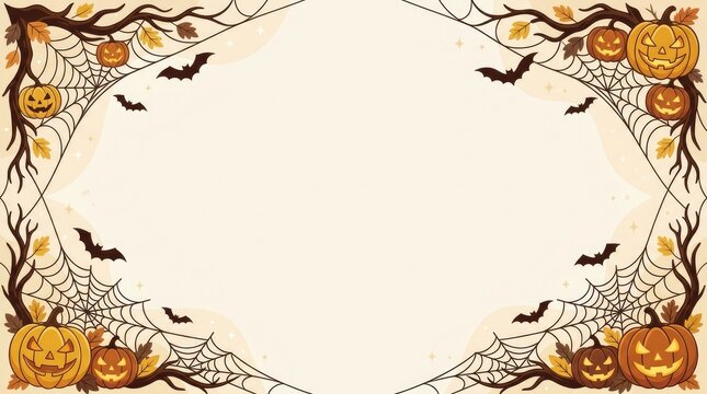 Halloween border frame with spooky spider webs, bare tree branches, flying bats, and glowing jack-o-lanterns on a light beige background space