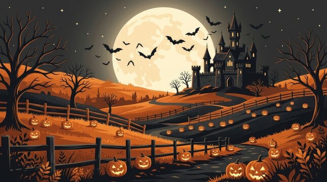 Halloween night landscape with a haunted castle, winding path, wooden fence, many glowing jack-o-lanterns, and a large full moon in orange tones