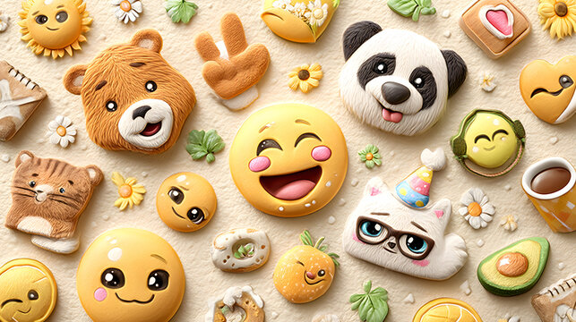 Playful Emoji Pattern Aesthetic Cute Emoji and Animal Cookies on Textured Background Kawaii Emoji Face Mobile Wallpaper Cute Expression Character Background   