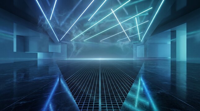 Futuristic neon lights illuminate a sleek, modern interior space with a reflective floor.