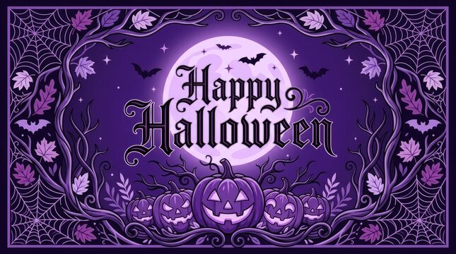 Ornate halloween with a purple background, glowing jack o lanterns, cobwebs, spiders, flying bats, and a large full moon