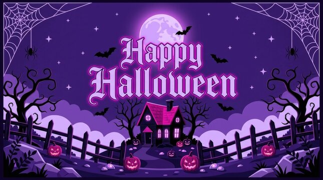 Purple halloween with a haunted house, wooden fence, cobwebs, spiders, flying bats, and glowing pumpkins under a full moon