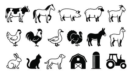 Naklejka premium Black and White Line Art Farm Animals and Buildings Icon Set Vector
