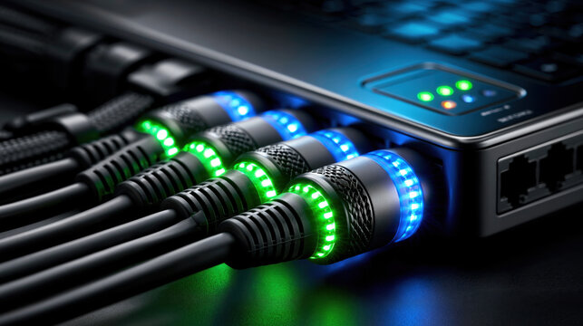 Ethernet cable network switch blue light green light data connection close up