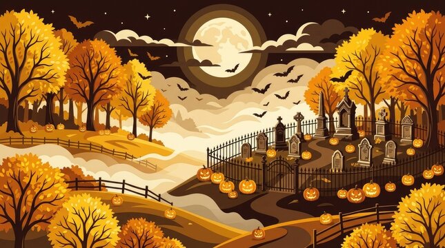 Spooky halloween cemetery scene with yellow autumn trees, a large full moon, tombstones, a metal fence, and many glowing jack-o-lanterns
