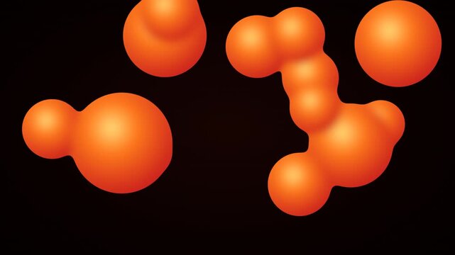 Abstract Floating Orange Metaballs Lava Plasma Droplets on Black Background. 3D Liquid Organic Molecules, Futuristic Blob Shape Motion Graphic.