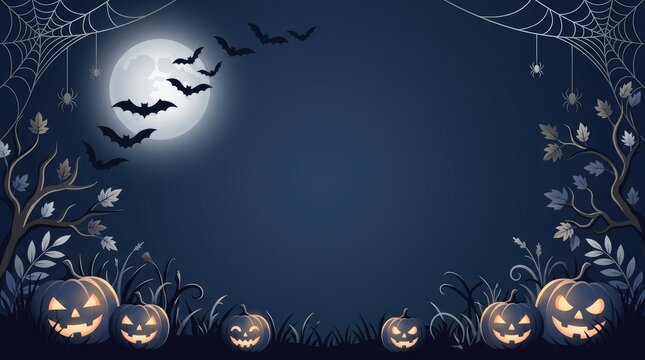 Spooky halloween frame with cobwebs, spiders, flying bats, a full moon, and glowing jack o lanterns on a dark blue background texture