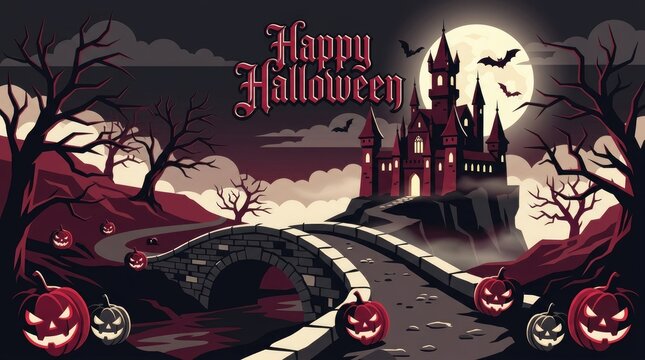 Spooky halloween landscape with a haunted castle on a hill, stone bridge, glowing jack o lanterns, full moon, and bats in the night sky