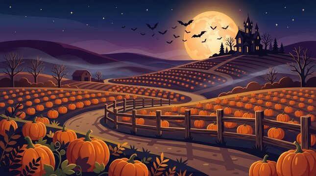 Spooky halloween night landscape featuring a haunted house on a hill, a large full moon, a pumpkin patch, and a wooden fence along a path