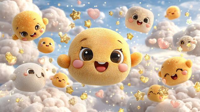 Playful Emoji Pattern Aesthetic Cute Kawaii Characters Floating in Dreamy Sky Kawaii Emoji Face Mobile Wallpaper Cute Expression Character Background   
