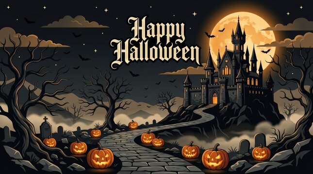 Spooky halloween night scene featuring a haunted castle, glowing jack o lanterns, a full moon, and a stone path leading to the dark mansion