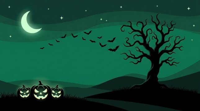 Spooky halloween night scene with a bare tree, crescent moon, flying bats, and glowing jack-o-lanterns on a dark green landscape background