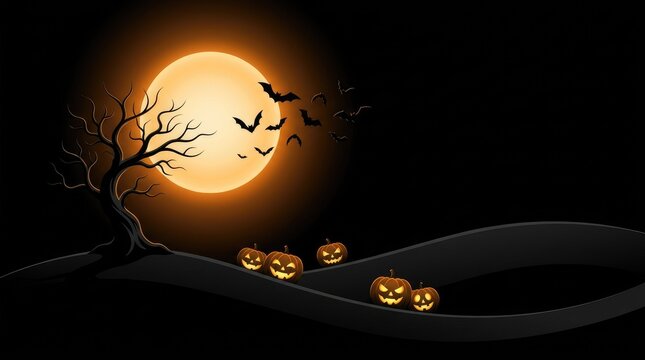 Spooky halloween night scene featuring a bare, twisted tree, a glowing orange full moon, flying bats, and several jack-o-lanterns on a hill
