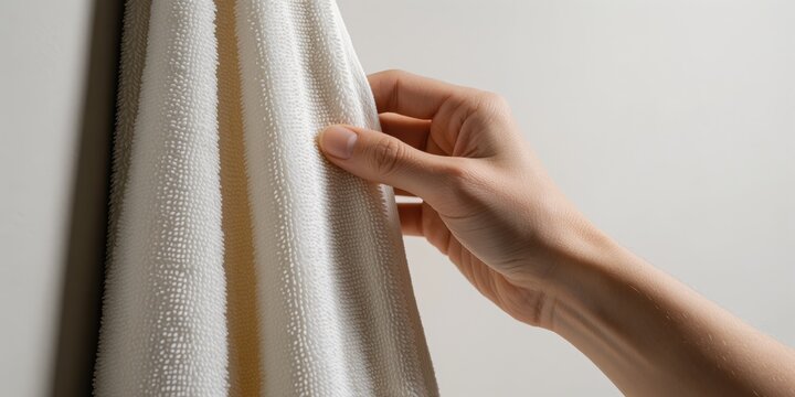 Close-up of a young woman's hand touching a soft white textured microfiber cleaning cloth hanging indoors