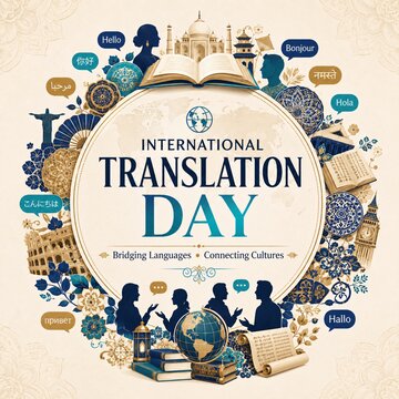 International translation day concept illustration featuring diverse people and global landmarks translation service culture exchange languages bri